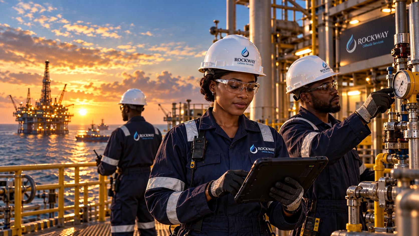 Technician inspecting valve on platform